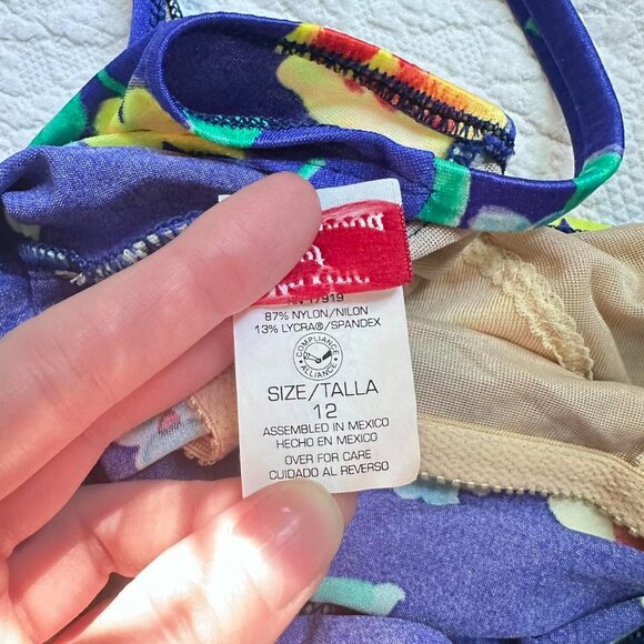 80s neon one piece swimsuit with bright blue and yellow floral pattern - Picture 8 of 8